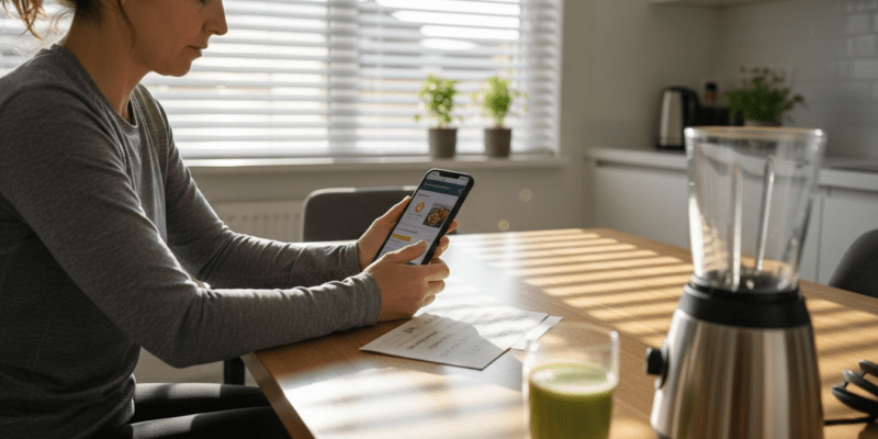 Una mujer revisa y compara diferentes aplicaciones de ejercicio sentada en la mesa de la cocina.