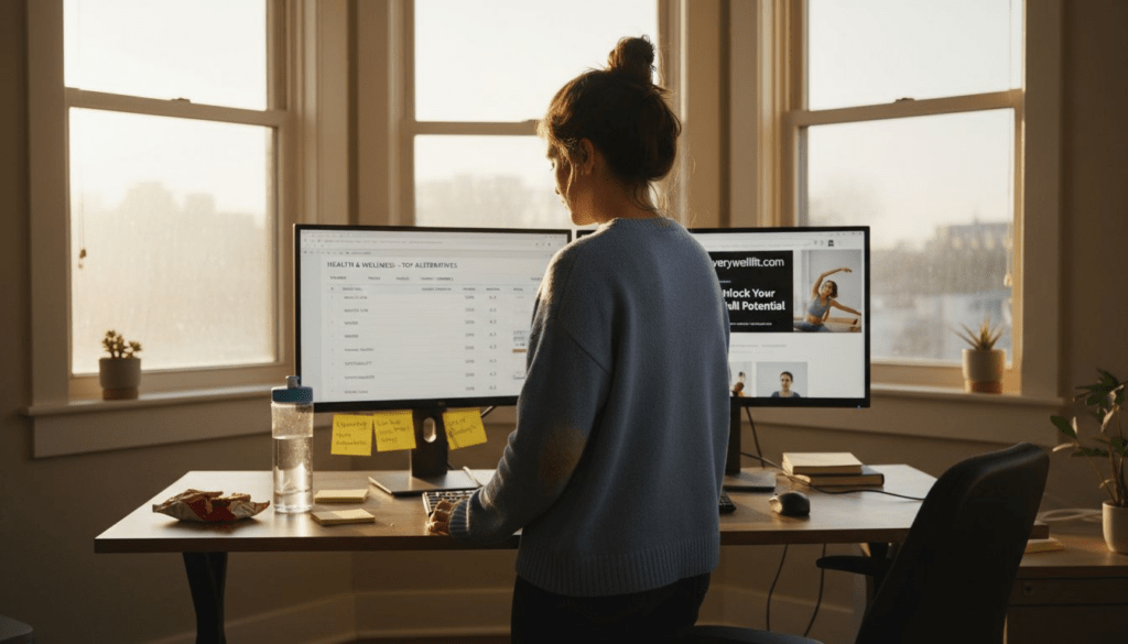 Editor compares health websites at bright office desk