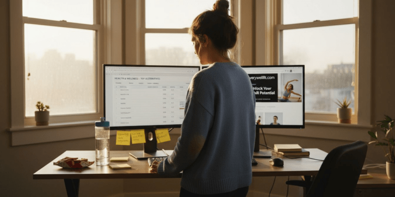 Editor compares health websites at bright office desk