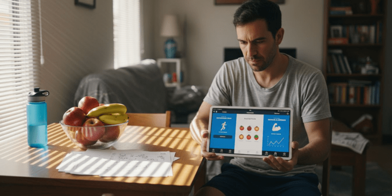 Hombre revisando y comparando aplicaciones de ejercicio mientras está sentado en una mesa, en un ambiente relajado.