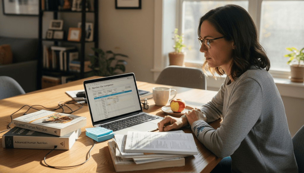 Woman researching nutrition websites at cluttered dining table