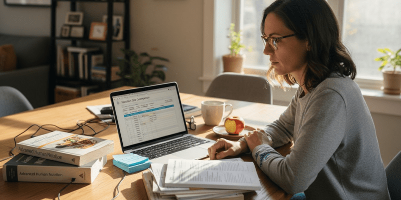 Woman researching nutrition websites at cluttered dining table