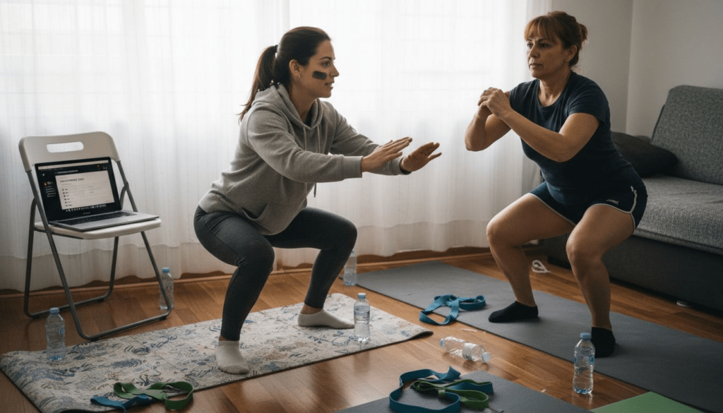 Entrenador personal trabajando con su cliente en casa, utilizando objetos cotidianos como parte de la sesión.