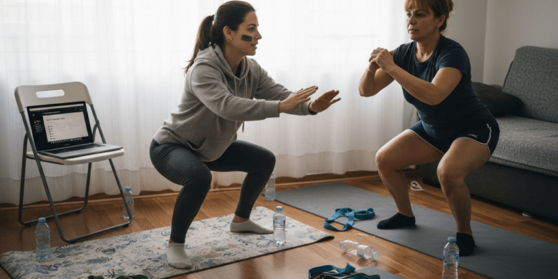 Entrenador personal trabajando con su cliente en casa, utilizando objetos cotidianos como parte de la sesión.