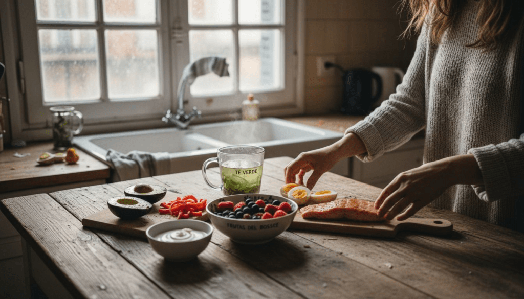 Variedad de alimentos quemagrasa dispuestos sobre la mesa de la cocina