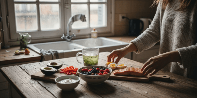 Variedad de alimentos quemagrasa dispuestos sobre la mesa de la cocina