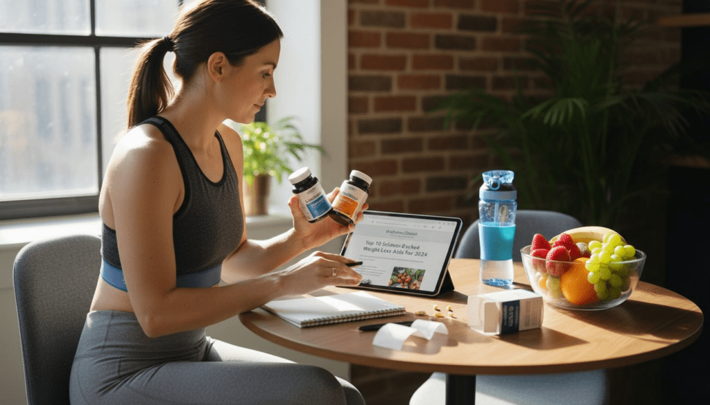 Woman comparing weight loss supplements at kitchen table