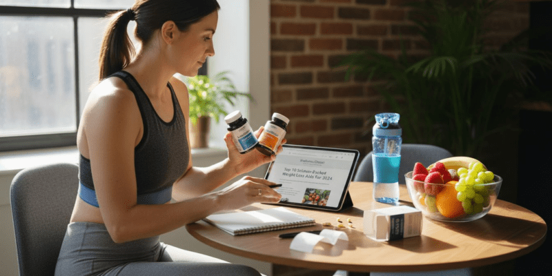 Woman comparing weight loss supplements at kitchen table