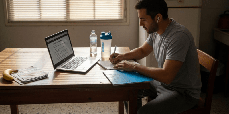 Hombre latino sentado en la mesa de la cocina revisando y comparando diferentes rutinas de ejercicio para elegir la que mejor se adapta a sus objetivos.