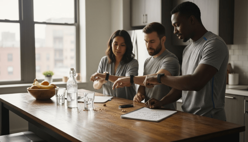 Adults comparing fitness trackers in kitchen