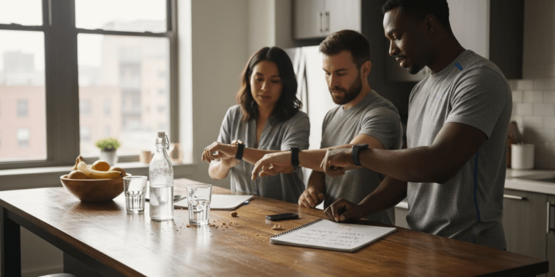 Adults comparing fitness trackers in kitchen