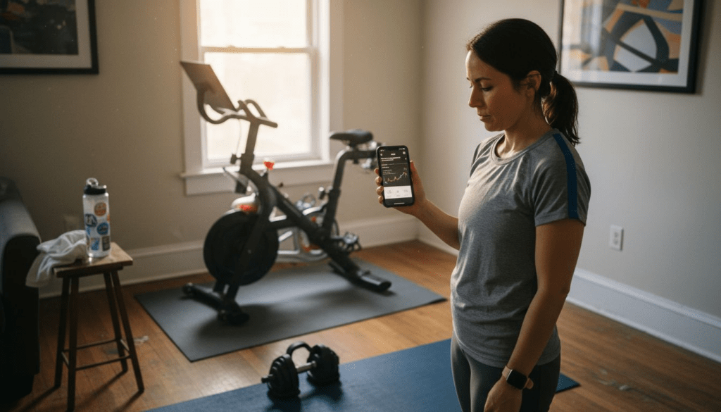 Affordable home fitness setup with woman and equipment