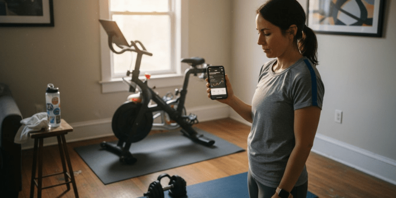 Affordable home fitness setup with woman and equipment