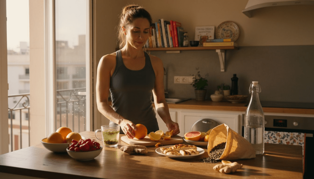 Mujer preparando platos saludables en la cocina para activar el metabolismo