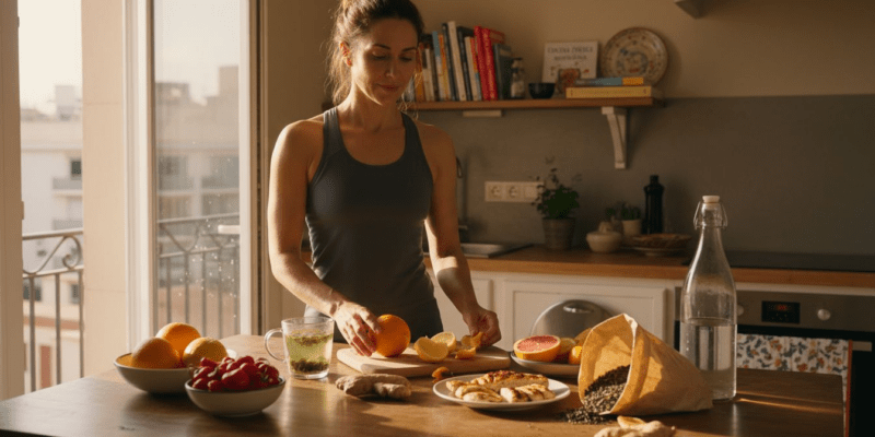 Mujer preparando platos saludables en la cocina para activar el metabolismo