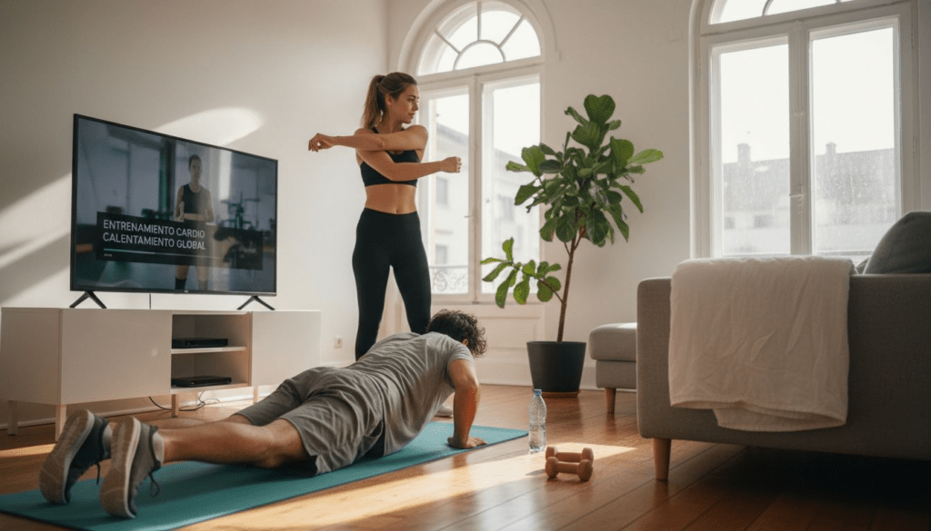 Una pareja haciendo ejercicio en casa siguiendo una rutina de entrenamiento online en el salón.