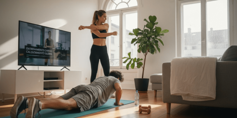 Una pareja haciendo ejercicio en casa siguiendo una rutina de entrenamiento online en el salón.