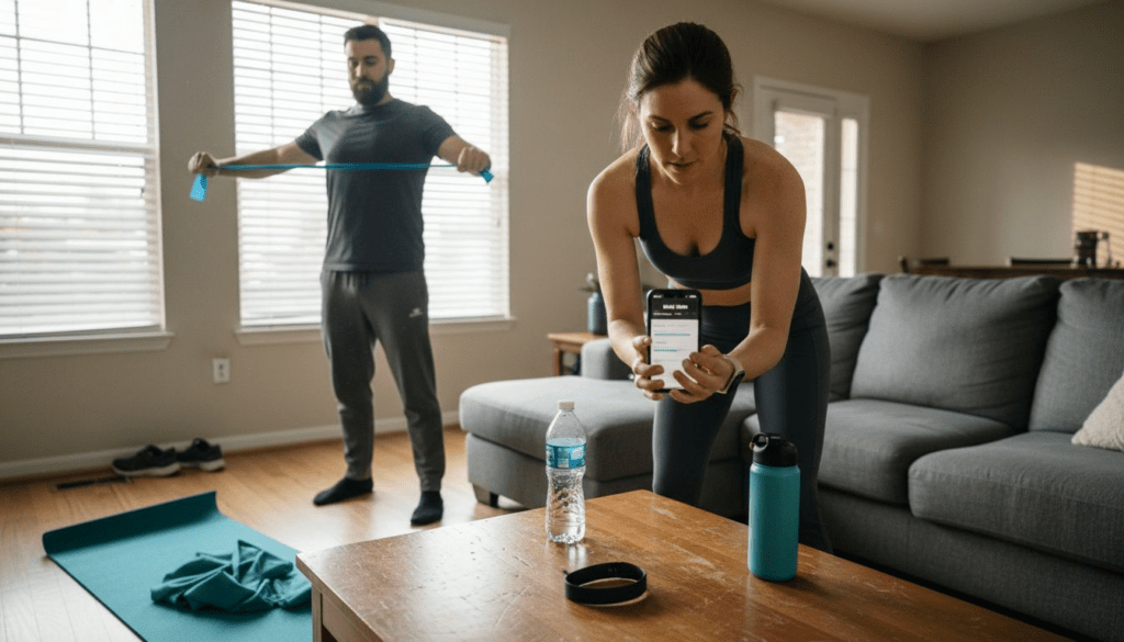 Adults doing at-home fitness routines together