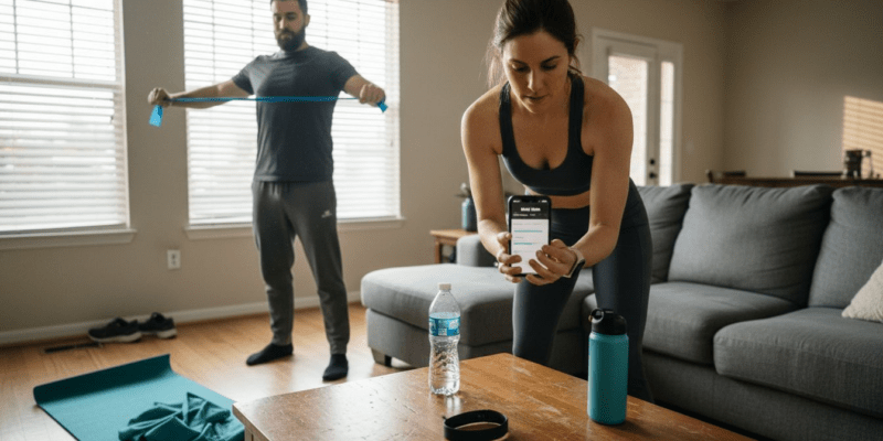 Adults doing at-home fitness routines together
