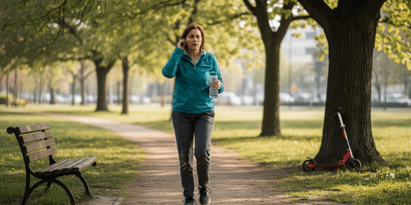 Un adulto mayor pasea por el parque de la ciudad en las primeras horas de la mañana.