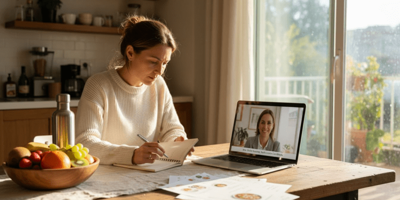 Mujer conectada desde su piso a una videollamada de asesoría nutricional
