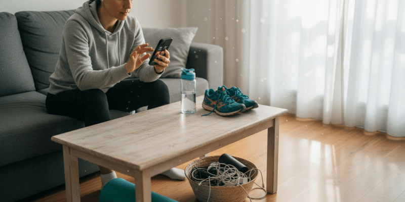 Mujer revisando y comparando aplicaciones de ejercicio en su móvil