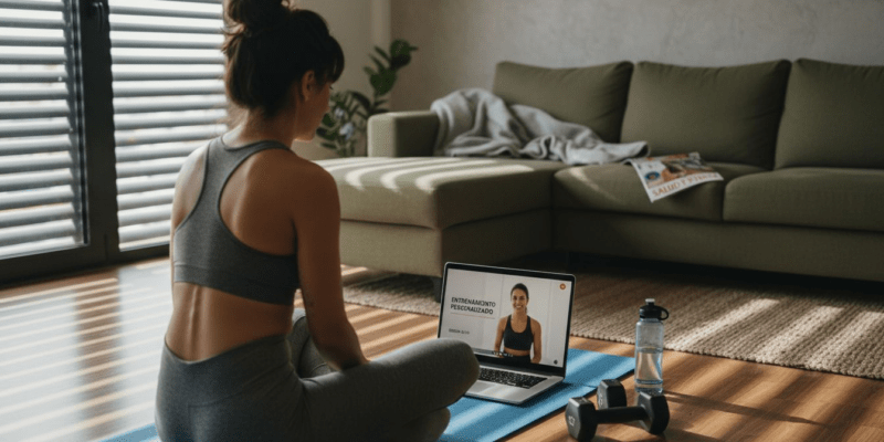 Mujer haciendo ejercicio en casa guiada por una rutina online con su entrenador personal