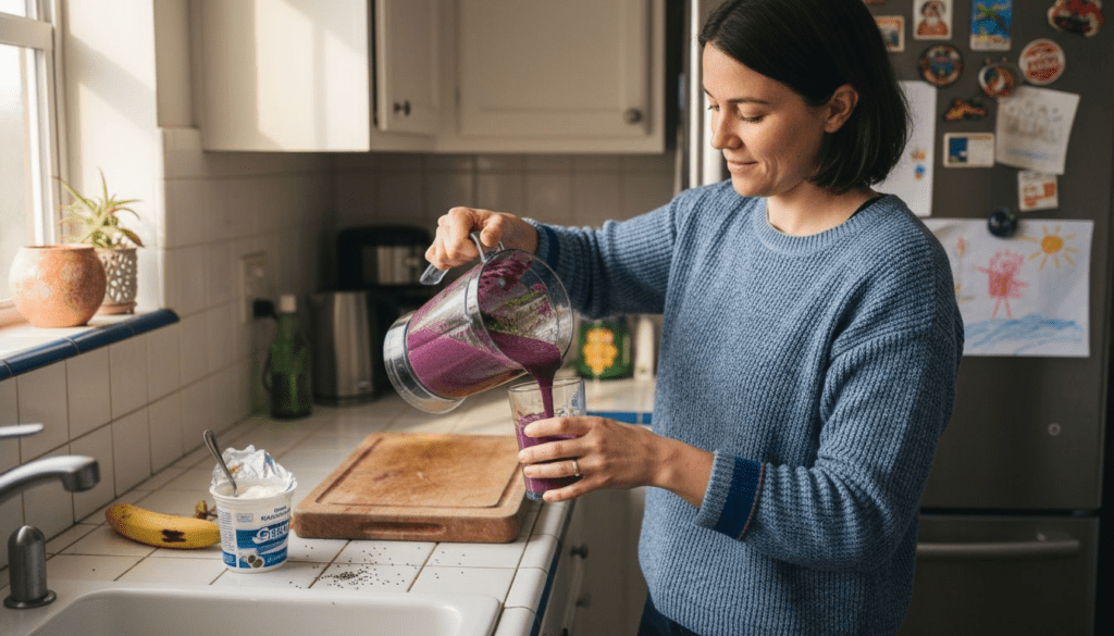 Woman pouring fresh fruit smoothie in kitchen