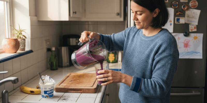 Woman pouring fresh fruit smoothie in kitchen