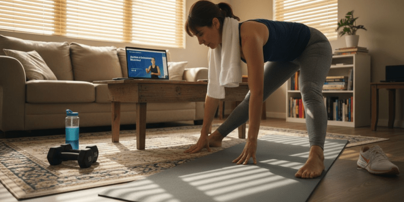 Mujer realizando una rutina de ejercicio en casa siguiendo una clase online
