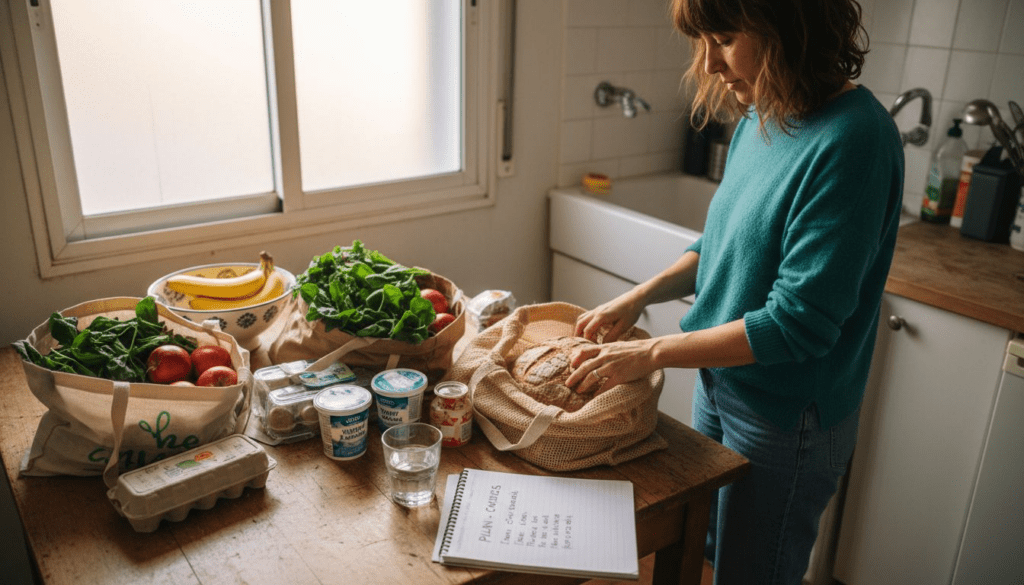 Mujer colocando en la despensa productos saludables después de hacer la compra