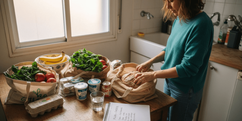 Mujer colocando en la despensa productos saludables después de hacer la compra