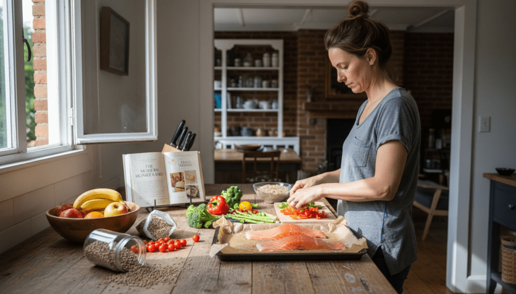 Woman meal-prepping healthy whole foods in home kitchen