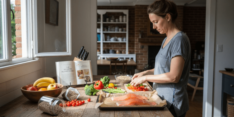 Woman meal-prepping healthy whole foods in home kitchen