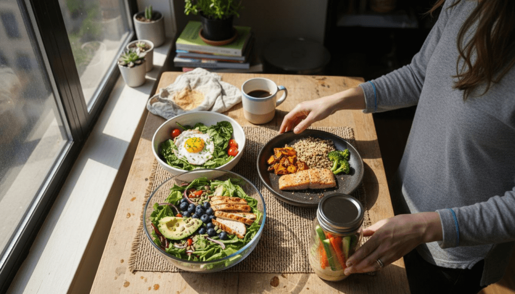 Assorted healthy meals arranged on rustic kitchen table