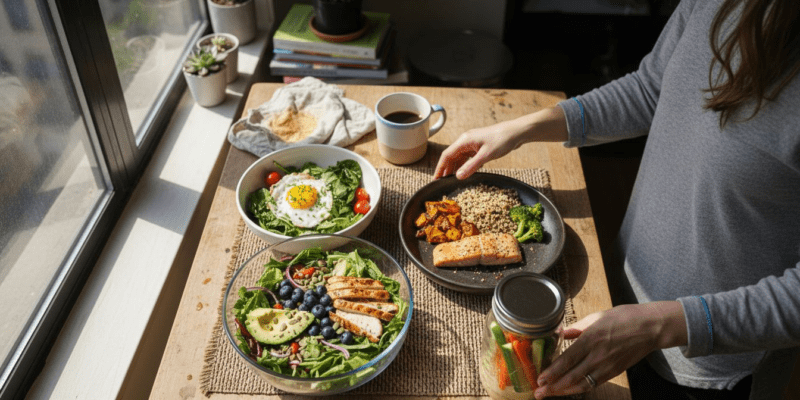 Assorted healthy meals arranged on rustic kitchen table