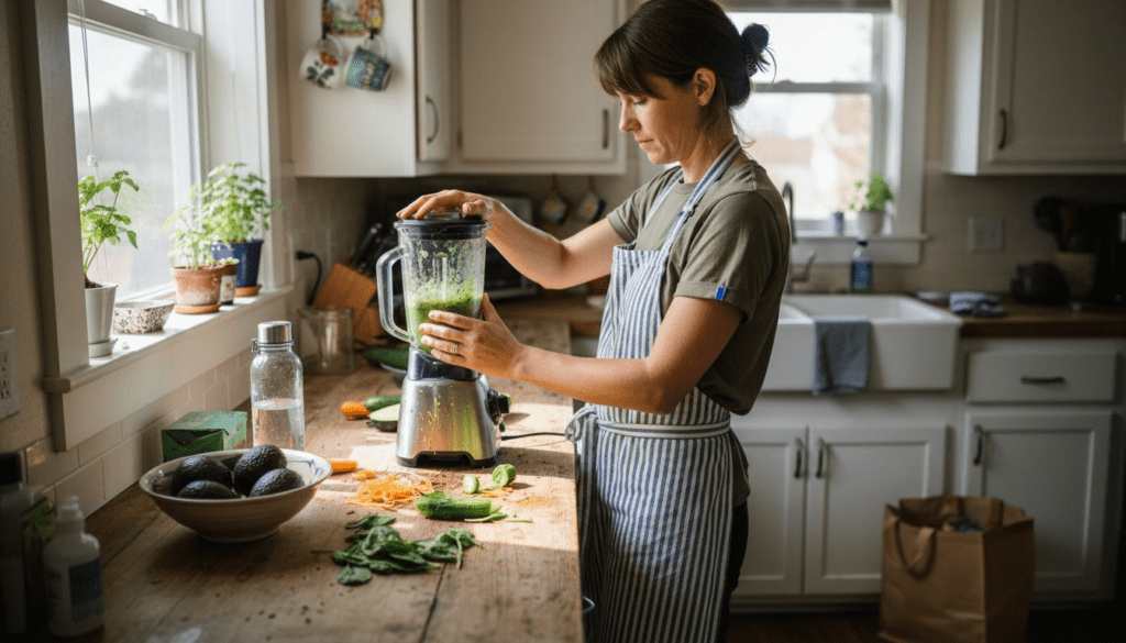 Woman making veggie smoothies in bright kitchen