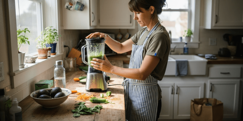 Woman making veggie smoothies in bright kitchen