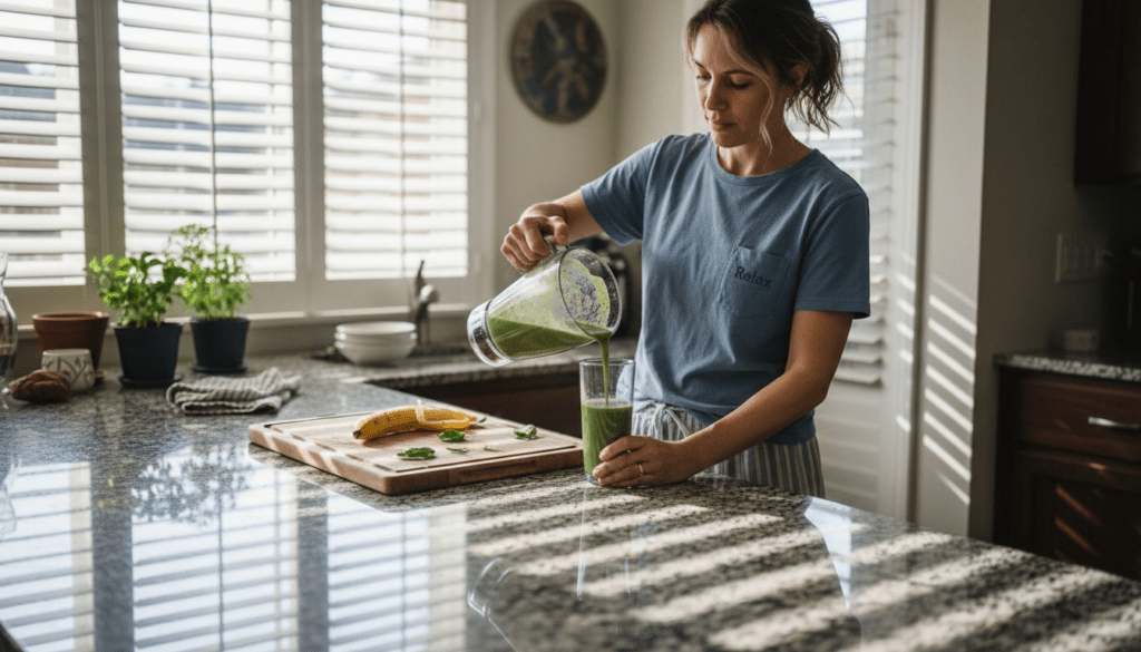 Woman pours homemade smoothie in kitchen