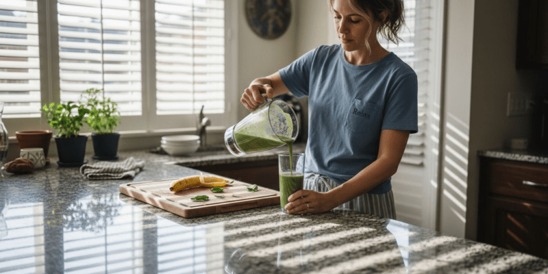 Woman pours homemade smoothie in kitchen