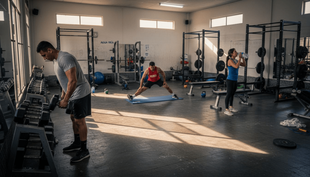 Tres adultos entrenando en pleno ejercicio dentro de un gimnasio auténtico.