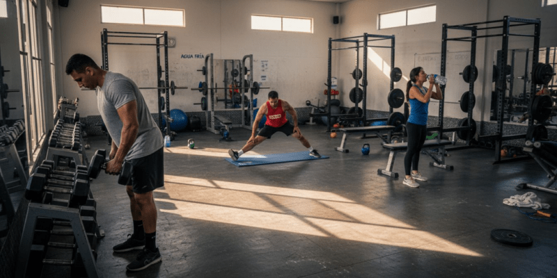 Tres adultos entrenando en pleno ejercicio dentro de un gimnasio auténtico.