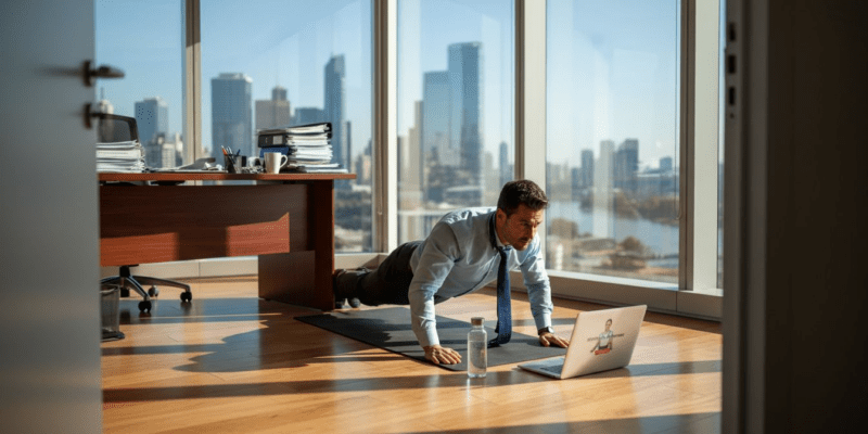 Profesional con agenda apretada aprovecha su jornada laboral para hacer ejercicio en la oficina mientras recibe asesoramiento en una sesión virtual.