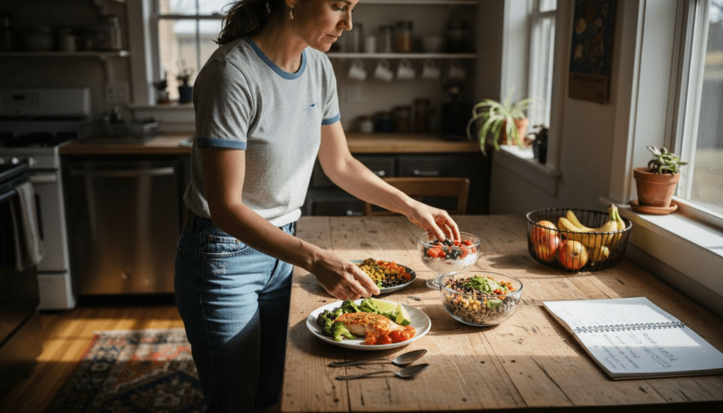 Woman preparing healthy meals at kitchen table