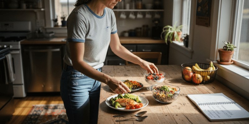 Woman preparing healthy meals at kitchen table