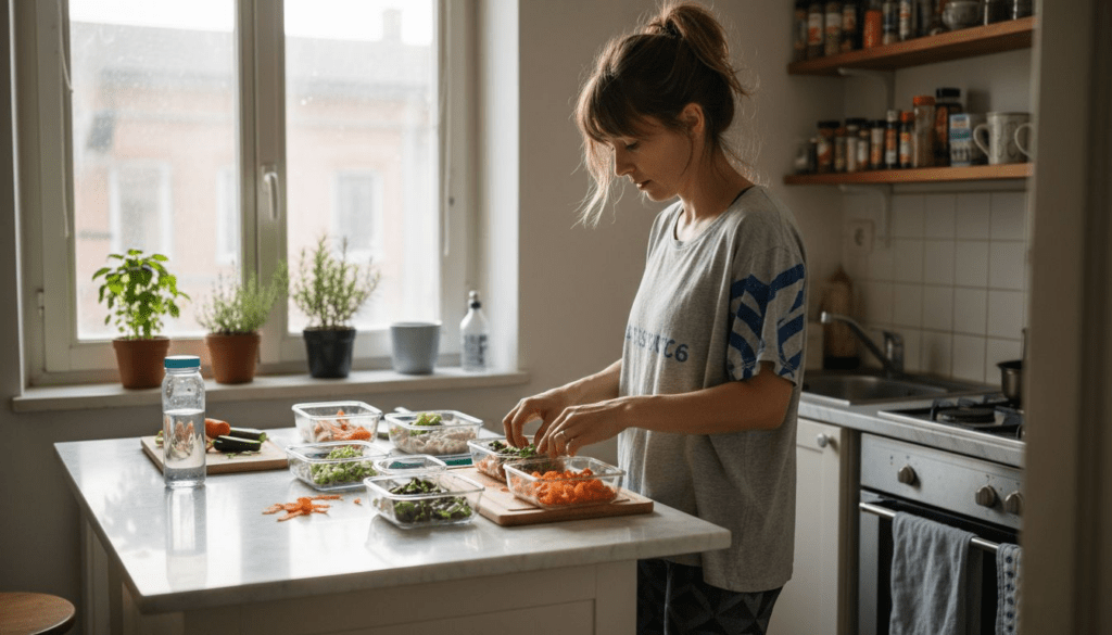 Woman prepping healthy meals in sunny kitchen