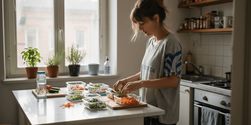 Woman prepping healthy meals in sunny kitchen