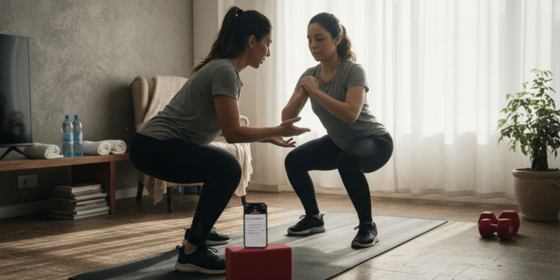 Entrenador dirige una sesión de ejercicio en casa