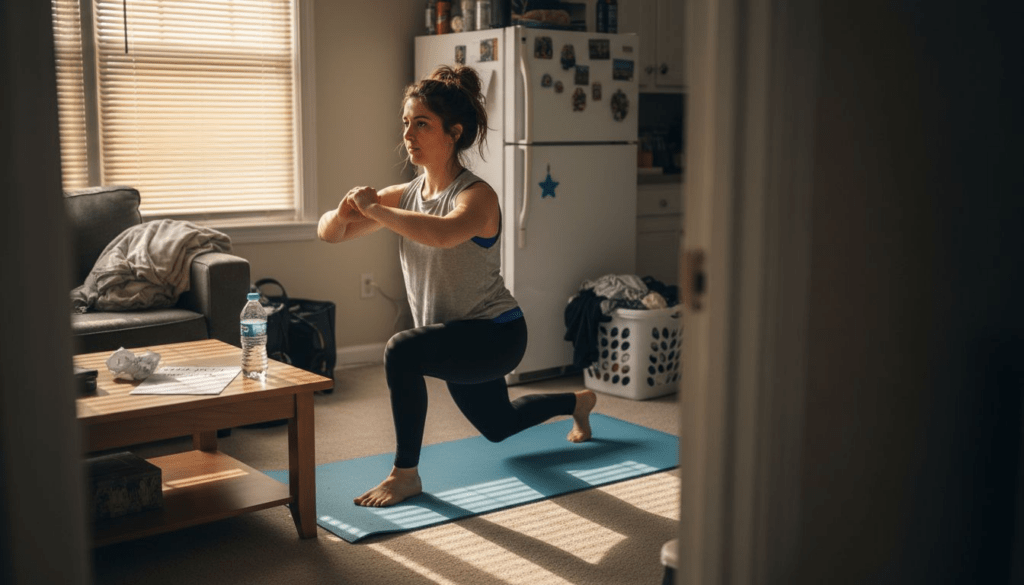 Woman doing beginner lunges in home setting