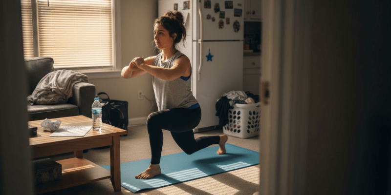 Woman doing beginner lunges in home setting